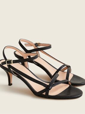 J. Crew Strappy kitten-heel sandals in lizard-embossed leather, size 8.5, Black